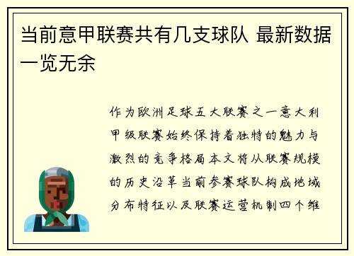 当前意甲联赛共有几支球队 最新数据一览无余