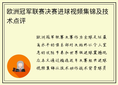 欧洲冠军联赛决赛进球视频集锦及技术点评